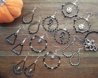 Halloween earrings, black earrings, skull earrings, snake earrings, dangle earrings, beaded earrings, wire wrapped earrings