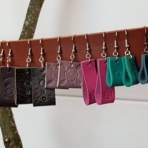Stamped leather earrings, leather earrings, loop earrings, fun earrings