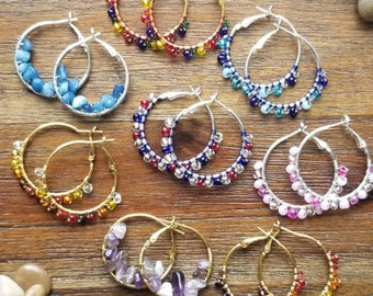 Beaded hoop earrings, hoop earrings, boho earrings, beaded earrings, colorful earrings, earrings, wire wrapped earrings