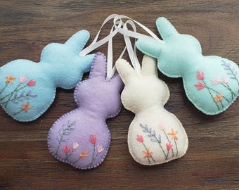 Hand sewn felt ornament, floral ornament, bunny ornament, easter decor, felt ornament