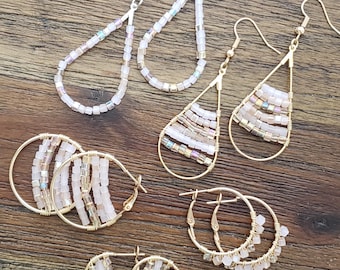 Beaded earrings, glass earrings, earrings, pink and gold earrings, wire wrapped earrings