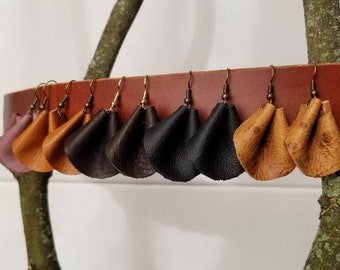 Pinched leather fan earrings, Leather earrings, Fan earrings