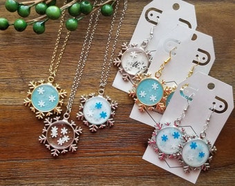 Christmas earrings, snowflake earrings, holiday earrings, dangle earrings, festive earrings, resin earrings, necklace, snowflake necklace