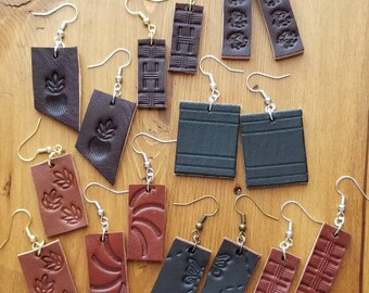 Stamped earrings, leather earrings, dangle earrings, fun earrings