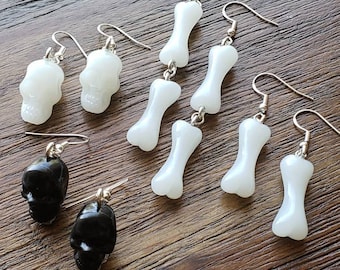 Halloween earrings, skull earrings, bone earrings, spooky earrings, glow-in-the-dark earrings, fall earrings, earrings