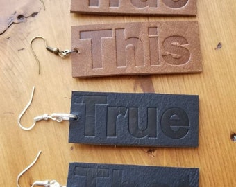 Bar earrings, leather earrings, word earrings, stamped earrings, fun earrings