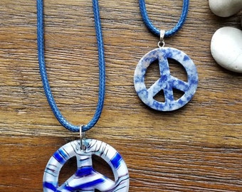 Peace sign necklace, blue necklace, necklace, pendant necklace, glass necklace, stone necklace