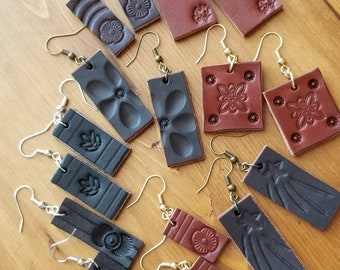 Stamped leather earrings, leather earrings, bar earrings, fun earrings, dangle earrings