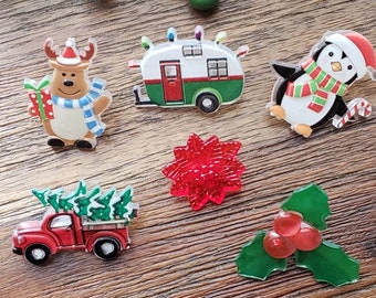 Christmas pins, Christmas brooch, holiday pin, pins, colorful pins, pemguins,poinsettias, holly, reindeer, Christmas tree pin