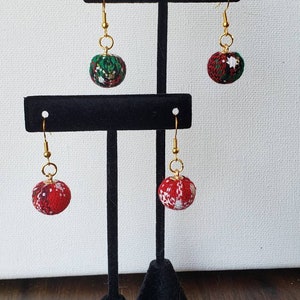 Christmas sweater ball earrings, stitched earrings, Christmas earrings, ugly sweater earrings, holiday earrings, sweater earrings