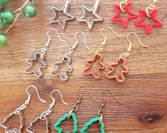 Christmas earring, holiday earrings, cookie cutter earrings, dangle earrings, festive earrings, star earrings, tree earrings, gingerbread