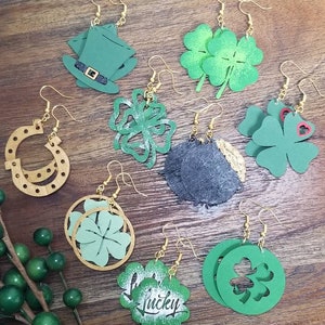 St. Patrick&#39;s Day earrings, clover earrings, wood earrings, shamrock earrings, lucky earrings, glitter earrings, earrings