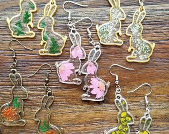 Bunny earrings, animal earrings, resin earrings, floral earrings, rabbit earrings, fun, colorful