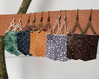 Leather hexagon earrings, Leather flag earrings, Leather earrings, Fan earrings, Dangle earrings, Textured earrings