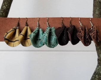 Pinched leather fan earrings, Leather earrings, Fan earrings, Dangle earrings, Textured earrings