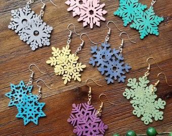 Winter earrings, snowflake earrings, wood earrings, colorful earrings, earrings, christmas earrings