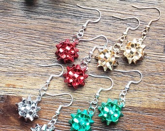 christmas bow earrings, bow earrings, present earrings, earrings, holiday earrings