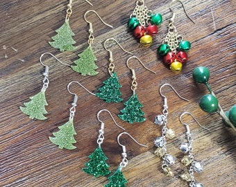 Christmas tree earrings, bell earrings, Earrings, holiday earrings, acrylic earrings, glitter earrings, tree earrings