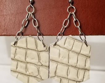 White leather earrings, Leather earrings, Hexagon earrings, Dangle earrings