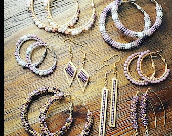 Beaded earrings, amethyst earrings, beaded hoops, purple earrings, gold earrings, earrings