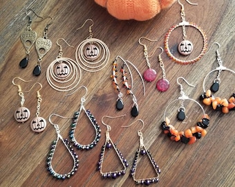 Halloween earrings, black earrings, ouija earrings, pumpkin earrings, dangle earrings, beaded earrings, wire wrapped earrings