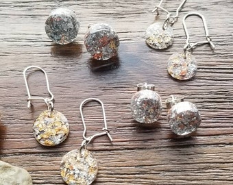 Resin earrings, metallic studs, metallic dangle earrings, resin studs