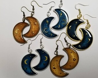 Moon earrings, resin earrings, night sky earrings, fun earrings, dangle earrings, celestial earrings