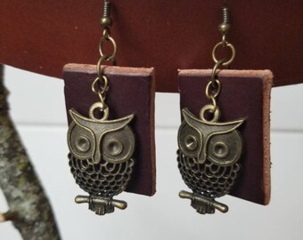 Bronze owl and leather bar earrings