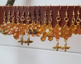 Honeycomb earrings, bee earrings, fun earrings, resin earrings, dangle earrings