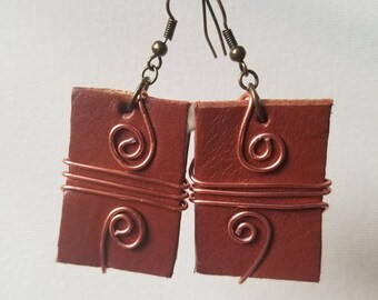 Wire wrapped leather bar earrings, Leather earrings, Earrings, Wired earrings, Copper earrings