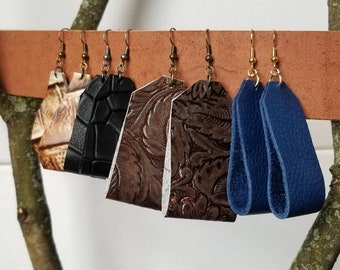 Leather loop earrings, Leather earrings, Fan earrings, Dangle earrings, Textured earrings