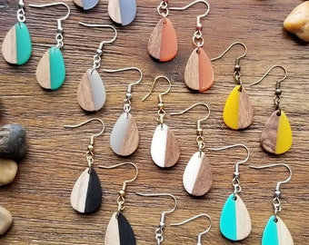 Wood earrings, resin earrings, dangle earrings, natural earrings, colorful earrings, fun earrings