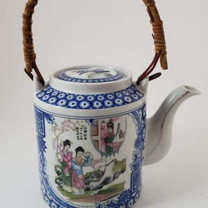 50s Japanese Teapot Wicker Handle Geisha Girl Ceramic