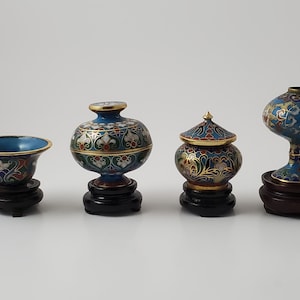 Set of four Blue Cloisonne Miniature Vessels with Wooden Pedestals