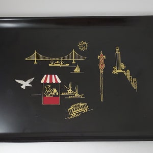 Rectangular Mid-Century Black Resin Inlaid &quot;San Francisco&quot; Cityscape Tray by Couroc of Monterey