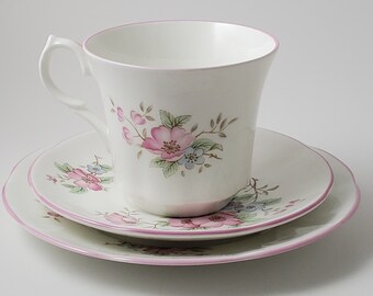 Springfield Bone China Primrose Frühlingsmuster Pink Border Dreiteiliges Set Tasse Untertasse und Snackteller