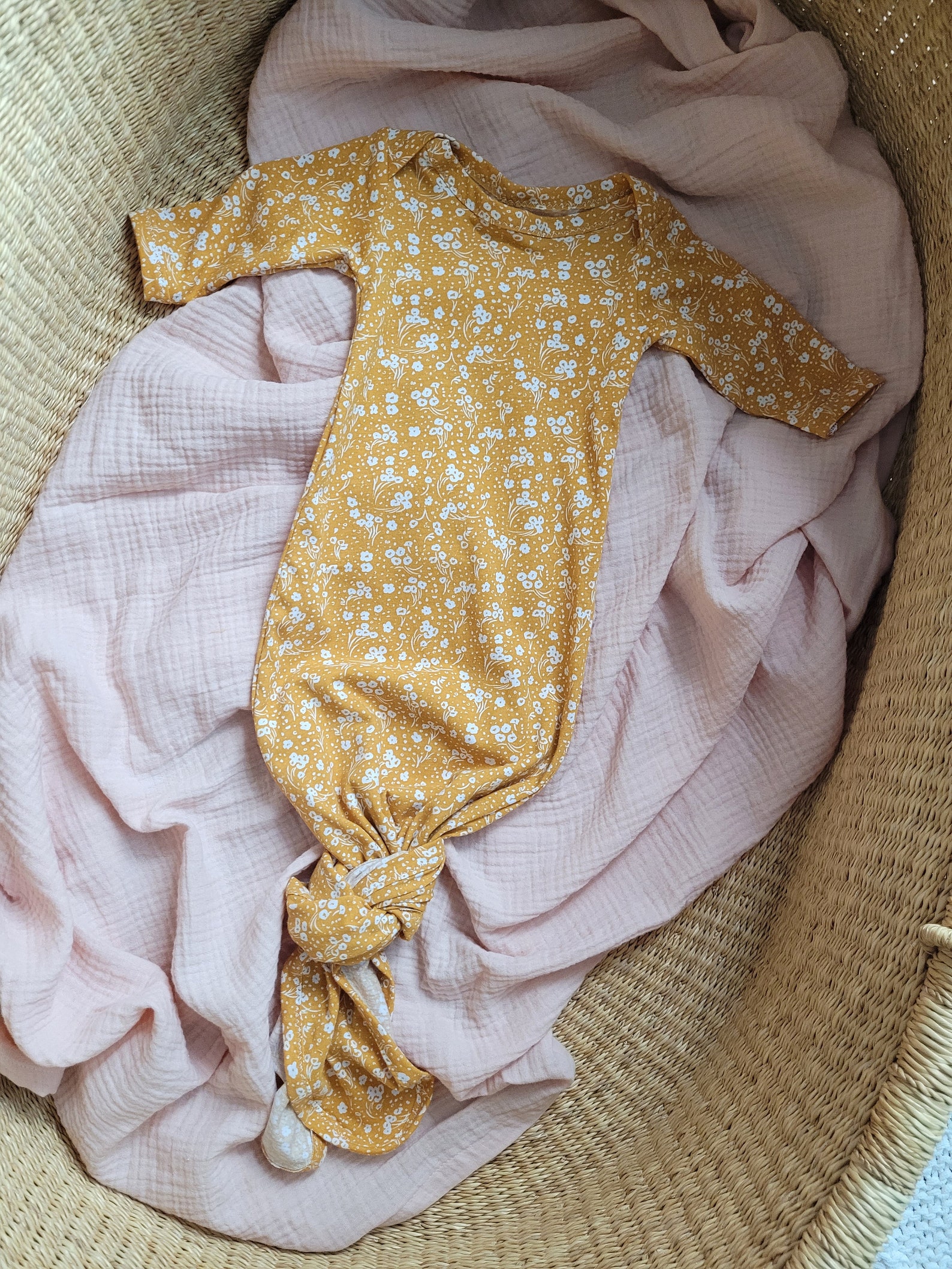 KNOTTED BABY GOWN Mustard and White Floral Print Organic Etsy