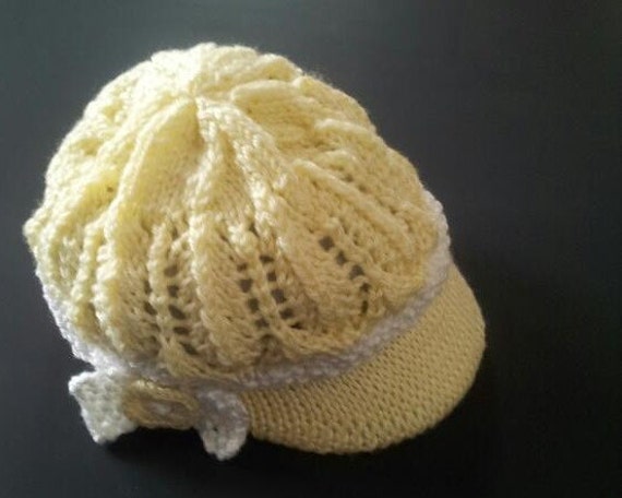 Items similar to Lace Leaves Newsboy Pale Yellow Knit Women's Hat on Etsy