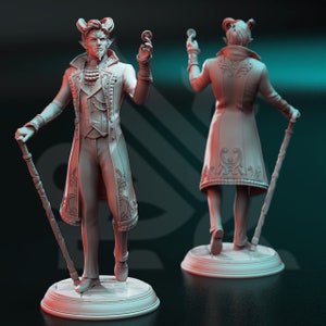 May include: A gray painted figurine of a devilish character wearing a long coat with intricate details. The figurine is holding a staff and is standing on a round base.