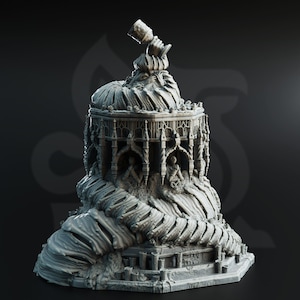 May include: A 3D printed miniature of a gothic tower, with a figure holding a chalice on top, surrounded by a swirling, textured base.