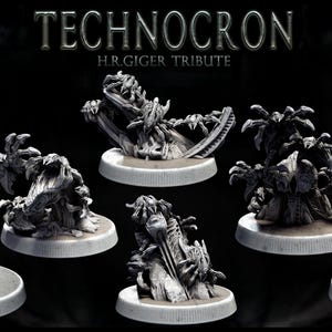 May include: A set of eight detailed, gray, 3D printed miniature figures of biomechanical creatures. The figures are arranged on circular bases and feature intricate details, including sharp teeth, claws, and tentacles. The figures are labeled "TECHNOCRON H.R.GIGER TRIBUTE".