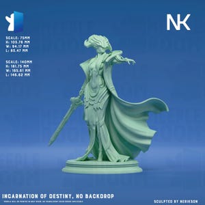 May include: A light green resin miniature figure titled Incarnation of Destiny, featuring a character in a flowing coat and headpiece holding a sword. Text displays dimensions for 75mm and 140mm scales, including heights of 103.76 mm and 181.75 mm.