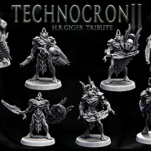 May include: A set of eight detailed, gray, 3D printed figurines of biomechanical creatures. The figurines are posed in various dynamic stances and feature intricate details, including sharp edges, spikes, and organic textures. The figurines are labeled "TECHNOCRONII H.R.GIGER TRIBUTE".