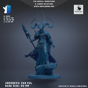 May include: A blue miniature figure of Archdevil Zar'Vul, a fantasy character with large horns, a staff, and flowing robes. The figure is 32mm in size, 80.47 mm high, 46.26 mm wide, and 51.00 mm long. The base size is 40 mm.
