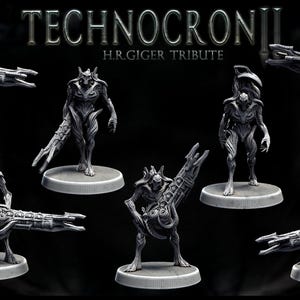 May include: Seven detailed, gray, miniature figures of alien creatures holding weapons. The figures are standing on round bases. The text "TECHNOCRONII H.R.GIGER TRIBUTE" is displayed above the figures.