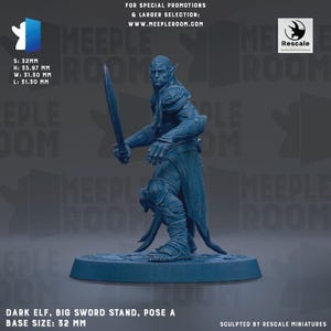 May include: A blue miniature of a Dark Elf warrior holding a large sword. The figure is on a round base, with a base size of 32 mm. The image includes text indicating the model's dimensions and the sculptor.