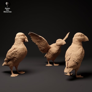 May include: Three detailed, unpainted, ceramic figurines of puffins, a type of seabird, in various poses. The puffins are standing on a dark gray surface.