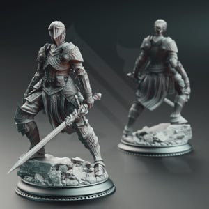May include: Two gray painted miniature figures of knights in armor, one holding a sword, standing on a rocky base.