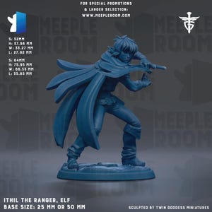 May include: A blue miniature of Ithil the Ranger Elf, posed dynamically with a weapon. The base size is 25 mm or 50 mm. The figure's dimensions are provided in millimeters. The text "MEEPLE ROOM" is visible in the background.