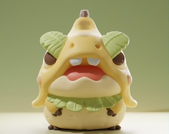 May include: A yellow and green cartoon character with a wide open mouth and large eyes. The character has a leafy collar and is made of a soft, smooth material.